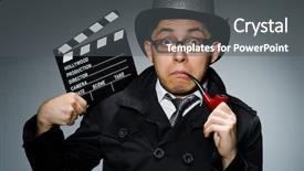  Presentation with detective - PPT theme featuring detective in black coat with clapperboard against gray background and a dark gray colored foreground