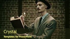  Presentation with detective magnifying glass - Colorful slide deck enhanced with detective-man-looking-intently-through backdrop and a tawny brown colored foreground
