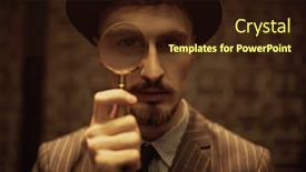  Presentation with detective magnifying glass - PPT theme consisting of detective-man-looking-intently-through background and a wine colored foreground
