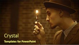  Presentation with detective magnifying glass - Slide deck having detective-man-looking-intently-through background and a tawny brown colored foreground