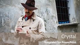  Presentation with detective - PPT theme consisting of detective-taking-notes background and a coral colored foreground