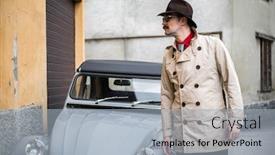  Presentation with slums - Audience pleasing PPT layouts consisting of detective-walking-in-the-city backdrop and a light blue colored foreground