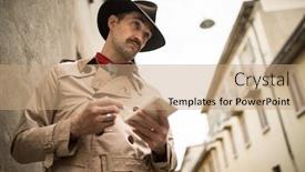  Presentation with detective - PPT theme having detective writing on a notebook while stadning against an old wall background and a coral colored foreground