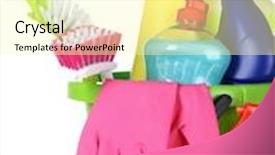  Presentation with sponges - Presentation enhanced with detergent bottles brushes gloves and sponges in bucket isolated on white background and a blonde colored foreground