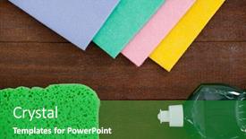  Presentation with spray - Slide set consisting of detergent spray bottle and various cleaning pad on wooden floor background and a shamrock green colored foreground