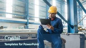  Presentation with manufacturing process - Presentation theme with determined asian worker writing observations background and a ocean colored foreground