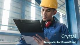  Presentation with manufacturing process - Colorful theme enhanced with determined asian worker writing observations backdrop and a ocean colored foreground