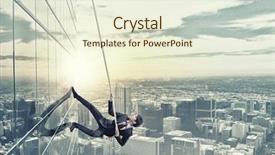  Presentation with building character - Audience pleasing presentation design consisting of determined businessman climbing building backdrop and a cream colored foreground
