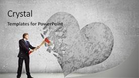  Presentation with stepping stone - PPT theme with determined businessman crashing stone heart background and a  colored foreground
