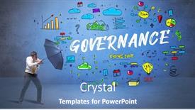  Presentation with umbrella - Colorful slide deck enhanced with determined-businessman-hiding-behind-umbrella backdrop and a teal colored foreground