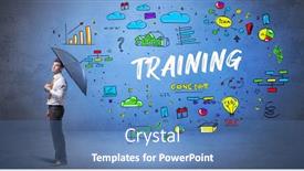  Presentation with business training - Slide deck with determined-businessman-hiding-behind-umbrella background and a teal colored foreground