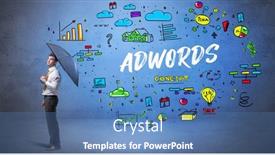  Presentation with umbrella - Colorful slide set enhanced with determined-businessman-hiding-behind-umbrella backdrop and a teal colored foreground