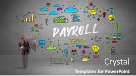  Presentation with payroll - Slide deck having determined-businessman-hiding-behind-umbrella background and a gray colored foreground