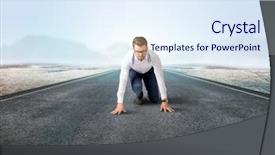  Presentation with kneeling - Audience pleasing slides consisting of determined businessman kneeling before blank backdrop and a  colored foreground