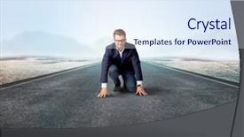  Presentation with kneeling - Theme enhanced with determined businessman kneeling before blank background and a sky blue colored foreground