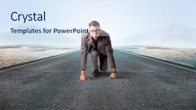  Presentation with kneeling - PPT layouts with determined businessman kneeling before blank background and a  colored foreground