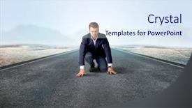  Presentation with kneeling - Colorful PPT layouts enhanced with determined businessman kneeling before blank backdrop and a  colored foreground