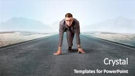  Presentation with running track lanes - Amazing slide set having determined businessman kneeling before blank backdrop and a  colored foreground