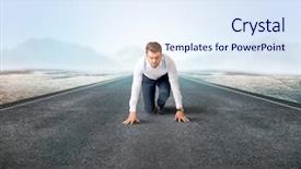  Presentation with kneeling - Amazing presentation design having determined businessman kneeling before blank backdrop and a  colored foreground