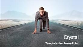  Presentation with kneeling - Slide set having determined businessman kneeling before blank background and a  colored foreground