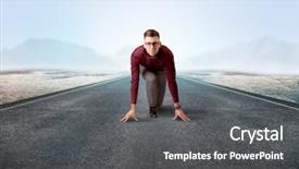  Presentation with kneeling - Slide set enhanced with determined businessman kneeling before blank background and a  colored foreground