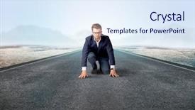  Presentation with kneeling - Amazing presentation theme having determined businessman kneeling before blank backdrop and a  colored foreground