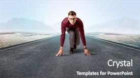  Presentation with kneeling - Slide set enhanced with determined businessman kneeling before blank background and a  colored foreground