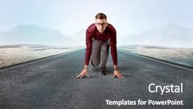  Presentation with kneeling - Slide set consisting of determined businessman kneeling before blank background and a  colored foreground