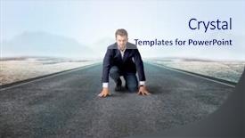  Presentation with kneeling - Colorful presentation design enhanced with determined businessman kneeling before blank backdrop and a  colored foreground