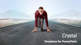  Presentation with kneeling - Presentation theme consisting of determined businessman kneeling before blank background and a dark gray colored foreground