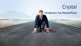  Presentation with kneeling - Audience pleasing slide set consisting of determined businessman kneeling before blank backdrop and a sky blue colored foreground