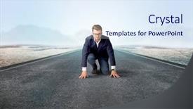  Presentation with kneeling - Slide deck with determined businessman kneeling before blank background and a sky blue colored foreground