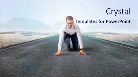  Presentation with kneeling - Colorful slide deck enhanced with determined businessman kneeling before blank backdrop and a sky blue colored foreground