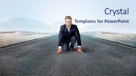  Presentation with kneeling - Amazing slide set having determined businessman kneeling before blank backdrop and a sky blue colored foreground