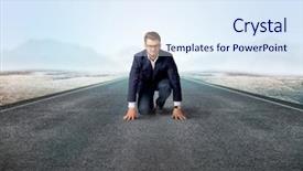  Presentation with kneeling - Theme featuring determined businessman kneeling before blank background and a  colored foreground