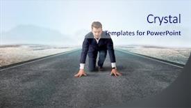  Presentation with kneeling - PPT theme with determined businessman kneeling before blank background and a sky blue colored foreground