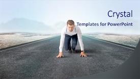  Presentation with kneeling - Cool new theme with determined businessman kneeling before blank backdrop and a  colored foreground