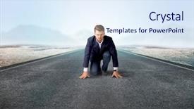  Presentation with kneeling - Beautiful PPT theme featuring determined businessman kneeling before blank backdrop and a  colored foreground