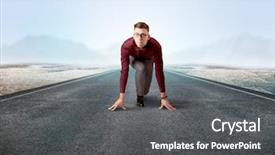 Presentation with running track lanes - Audience pleasing PPT layouts consisting of determined businessman kneeling before blank backdrop and a  colored foreground