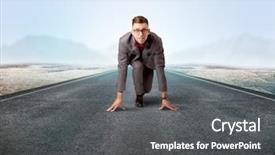  Presentation with kneeling - Colorful presentation design enhanced with determined businessman kneeling before blank backdrop and a  colored foreground