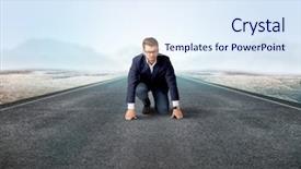  Presentation with kneeling - Slide set having determined businessman kneeling before blank background and a sky blue colored foreground