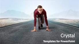  Presentation with kneeling - Colorful PPT theme enhanced with determined businessman kneeling before blank backdrop and a  colored foreground