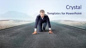  Presentation with college running track hurdle - Slides enhanced with determined businessman kneeling before blank background and a  colored foreground