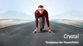  Presentation with kneeling - Amazing slides having determined businessman kneeling before blank backdrop and a  colored foreground