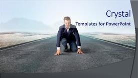  Presentation with kneeling - PPT layouts with determined businessman kneeling before blank background and a  colored foreground