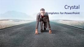  Presentation with kneeling - Slide deck with determined businessman kneeling before blank background and a  colored foreground