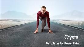  Presentation with kneeling - PPT layouts enhanced with determined businessman kneeling before blank background and a  colored foreground