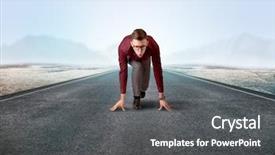  Presentation with kneeling - PPT theme consisting of determined businessman kneeling before blank background and a  colored foreground