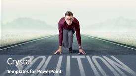  Presentation with kneeling - Colorful presentation enhanced with determined businessman kneeling before solution backdrop and a  colored foreground