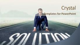  Presentation with kneeling - Cool new presentation theme with determined businessman kneeling before solution backdrop and a  colored foreground